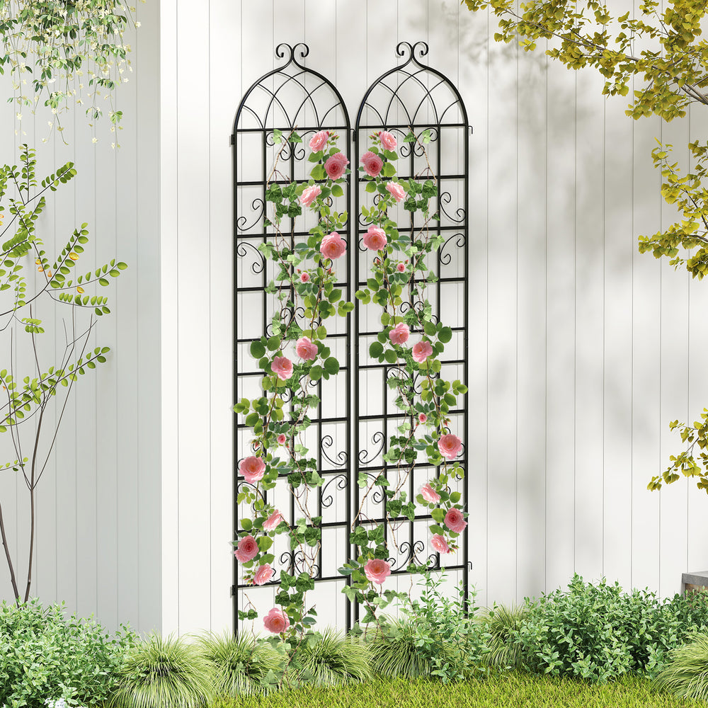 Metal garden trellis set featuring elegant vine design, perfect for supporting climbing plants in outdoor settings.