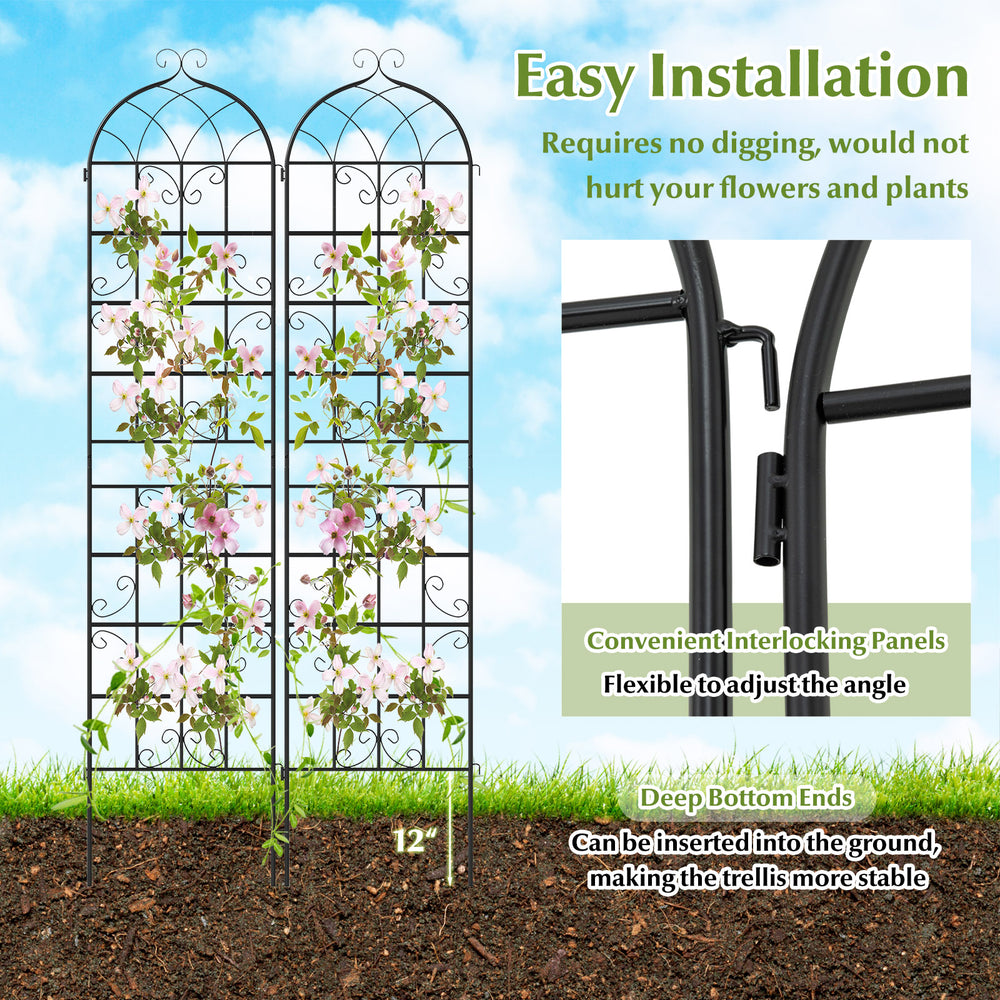 Metal garden trellis set for climbing plants, 86" x 20", rustproof, easy installation, ideal for gardens and patios.