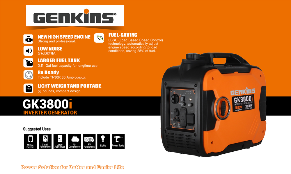 Genkins GK3800I 3300W/3800W Generator Gas Inverter RV Adaptor New