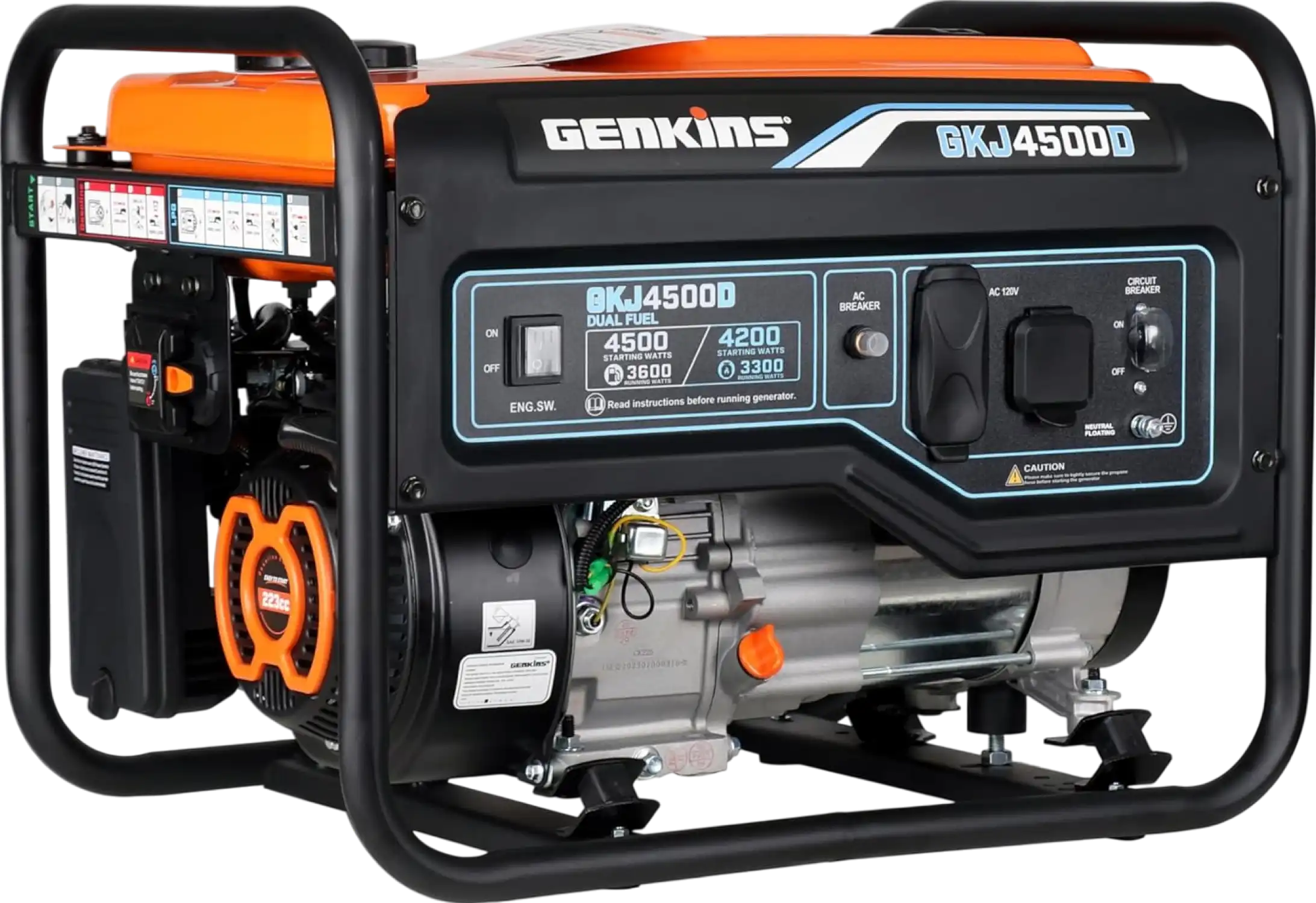 Genkins GKJ4500D 3600W/4500W Generator Dual Fuel Propane Gas Recoil Start Open Frame New