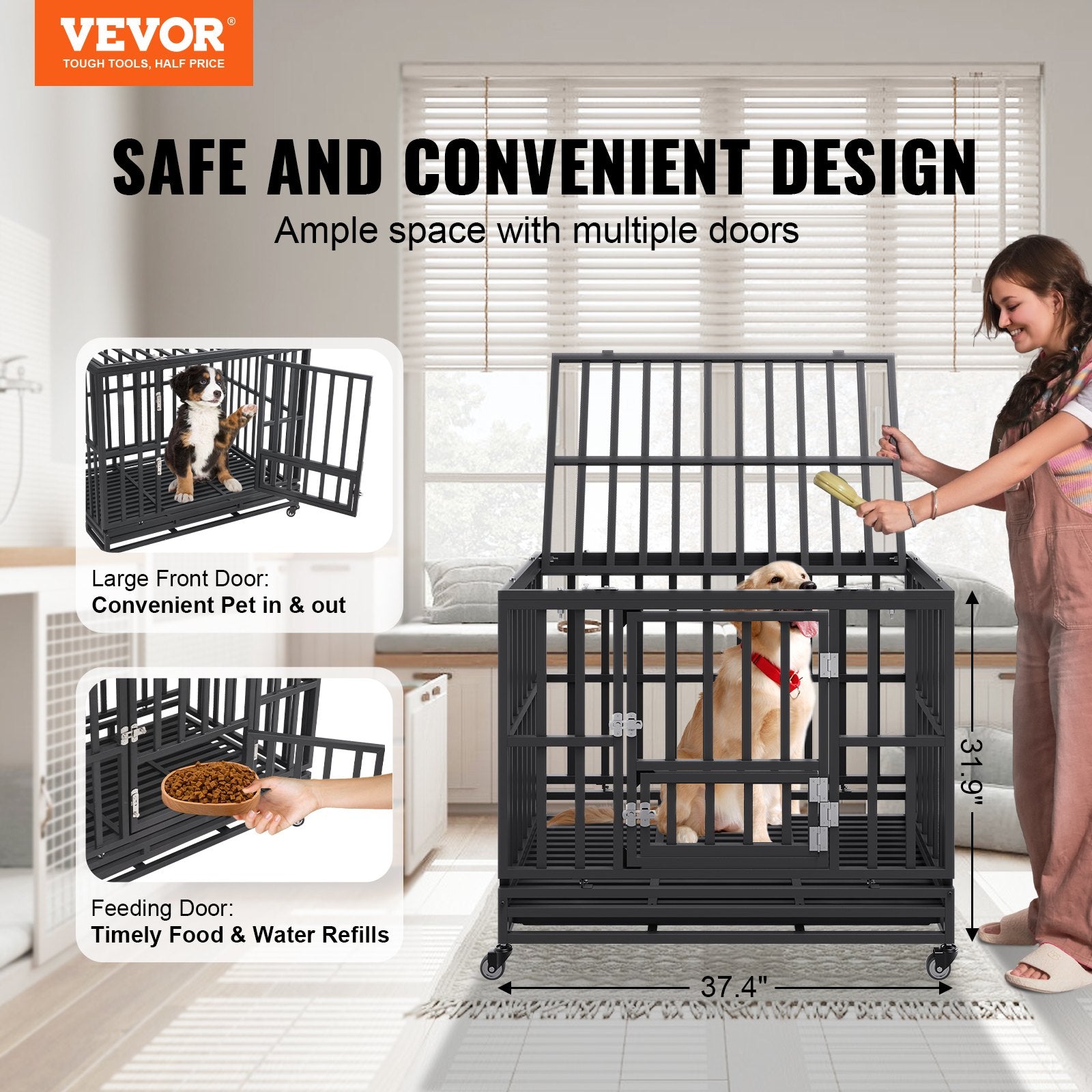 Vevor Dog Crate Heavy Duty 38 3 Door with Lockable Wheels for Medium FactoryPure