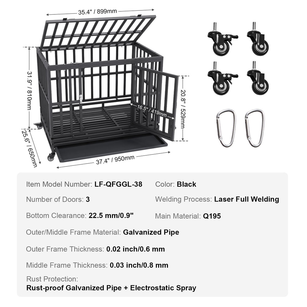 Vevor Dog Crate Heavy Duty 38" 3 Door with Lockable Wheels for Medium to Large Dogs New