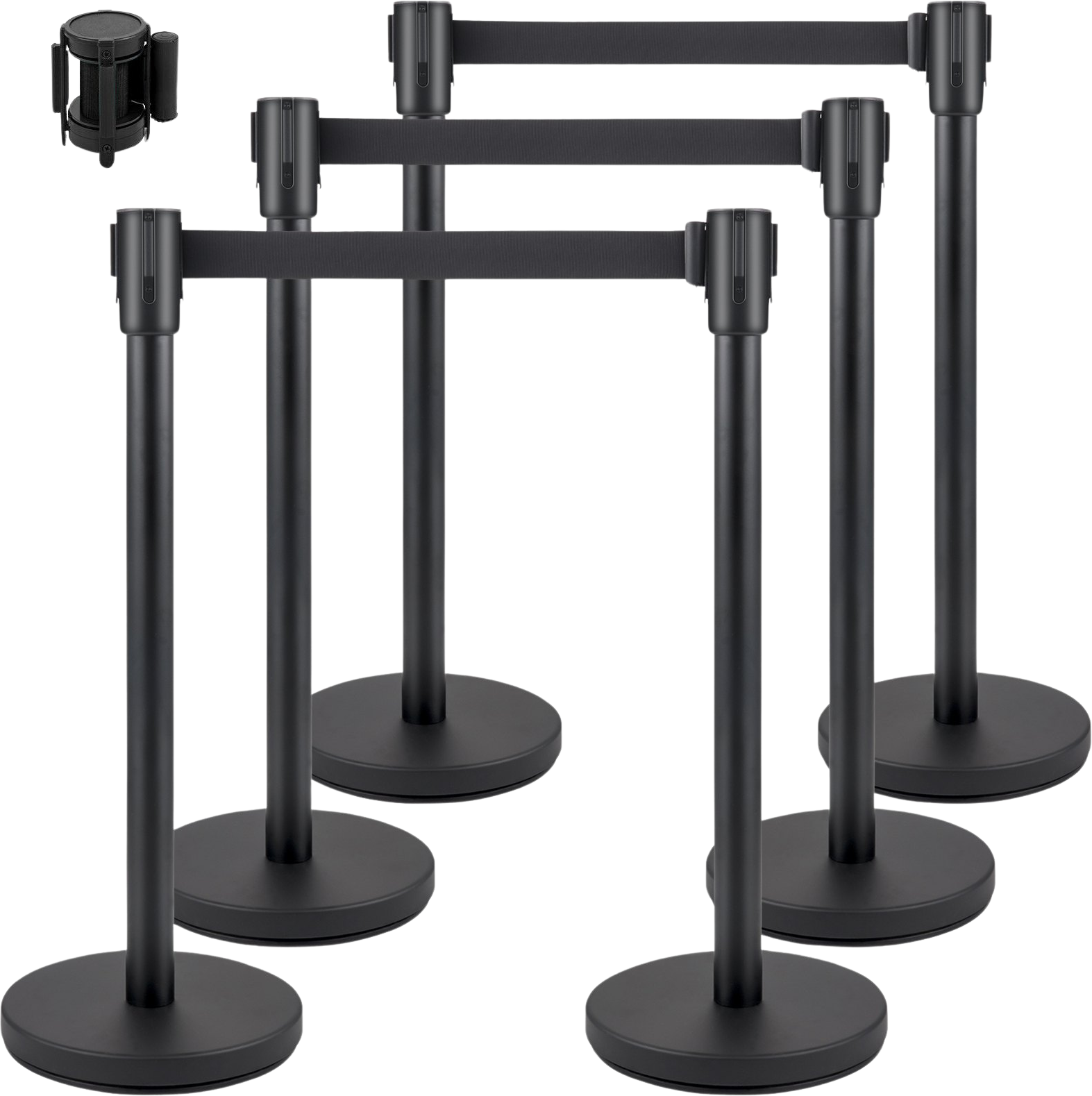 Vevor Crowd Control Stanchion Set 6 PCS Concrete and Metal Base 6.6' Black Retractable Belt New