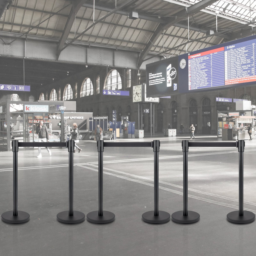 Vevor Crowd Control Stanchion Set 6 PCS Concrete and Metal Base 6.6' Black Retractable Belt New