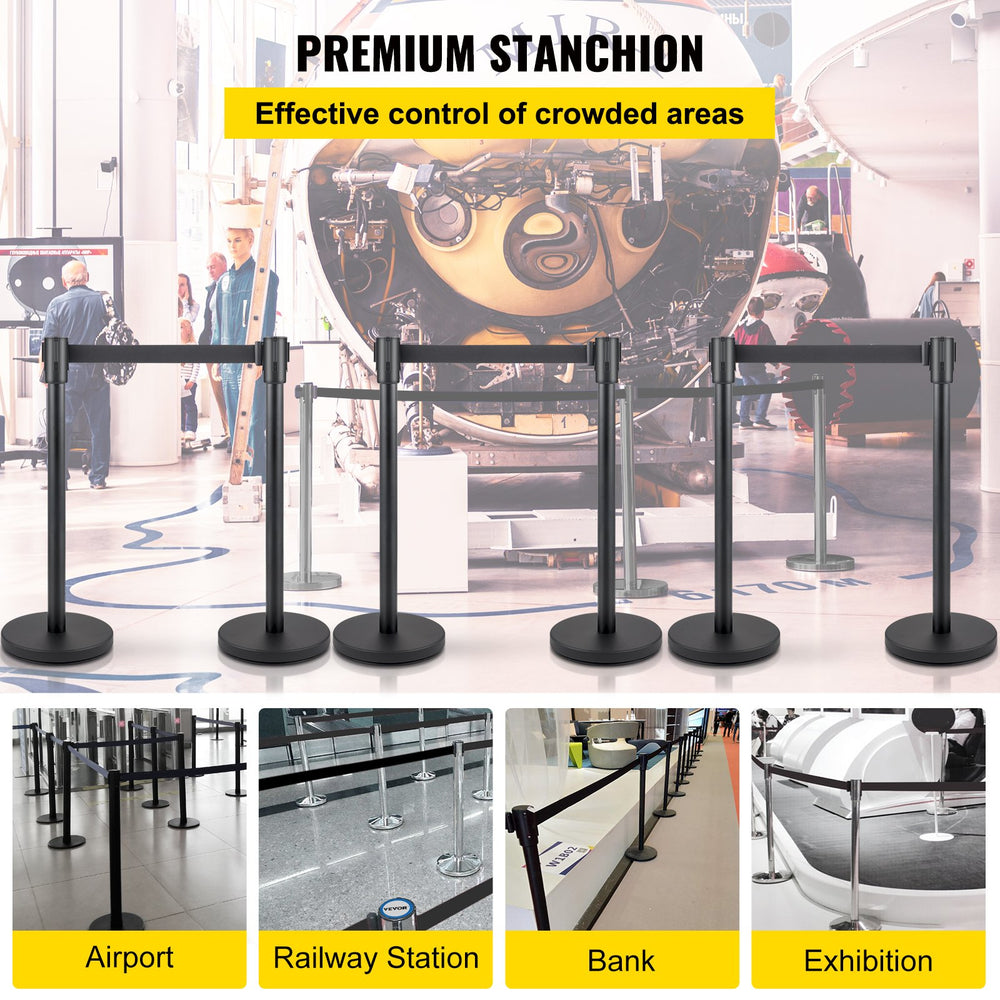 Vevor Crowd Control Stanchion Set 6 PCS Concrete and Metal Base 6.6' Black Retractable Belt New