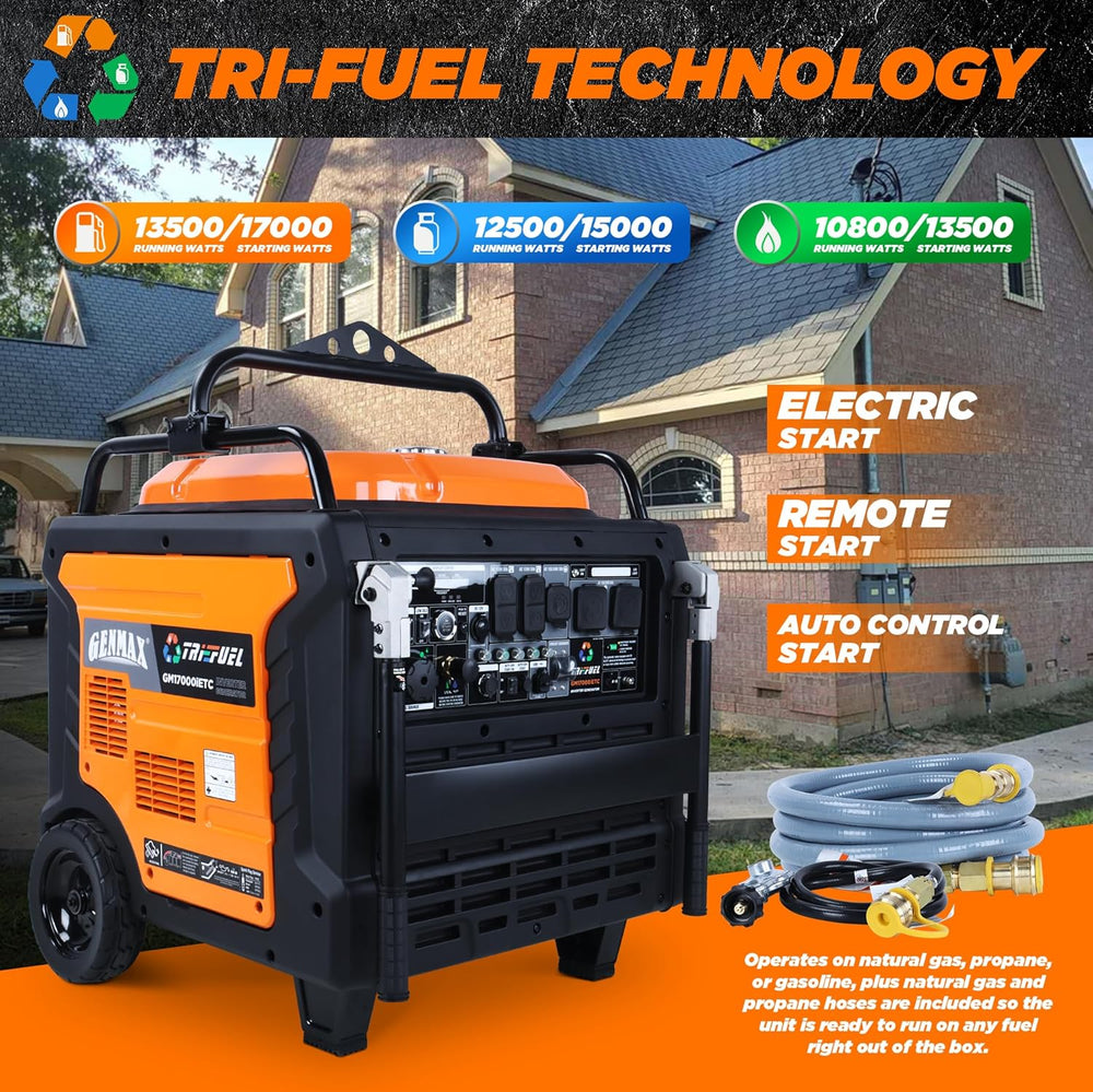 GENMAX GM17000iET 13500W/17000W Generator Tri-Fuel 50A Remote Start Gas Propane Natural Gas with CO Detect CARB New