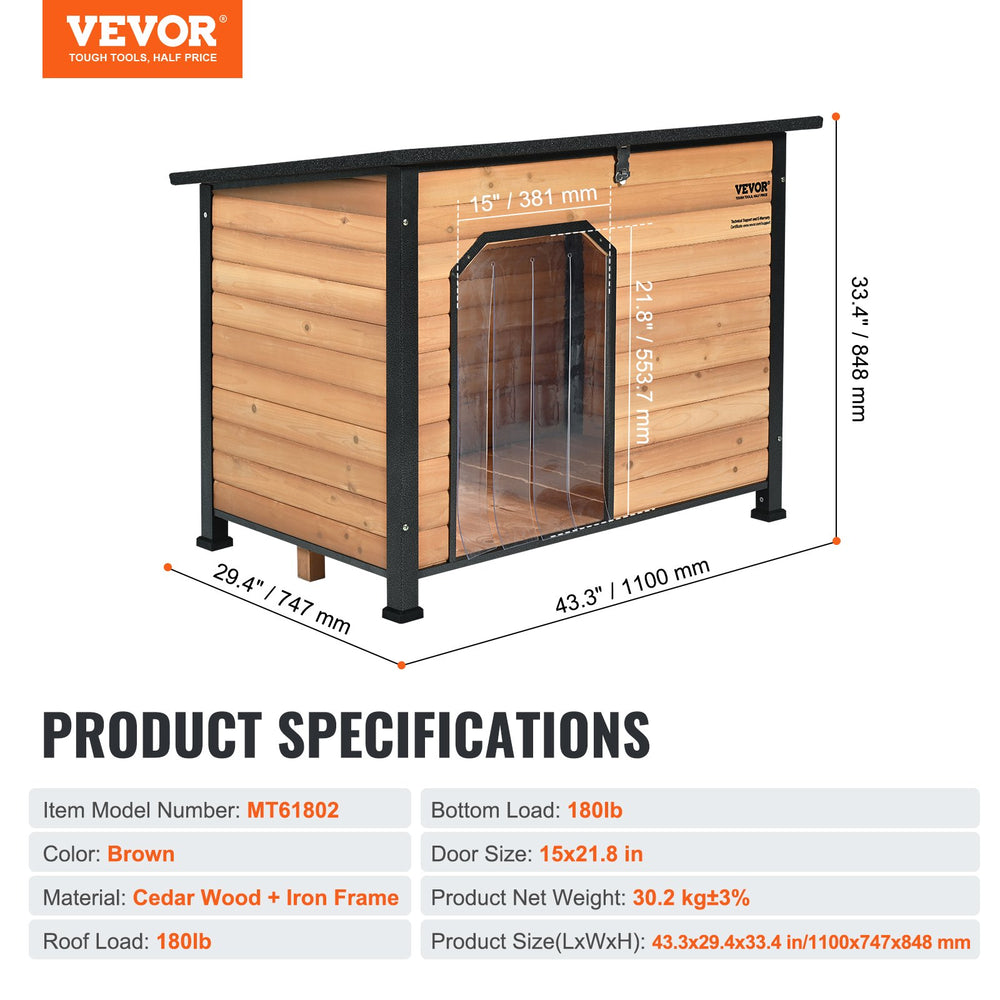 Vevor Dog House Outdoor Insulated with Elevated Floor 180 lbs. Capacity Medium to Large Dogs Open Roof Iron Frame New