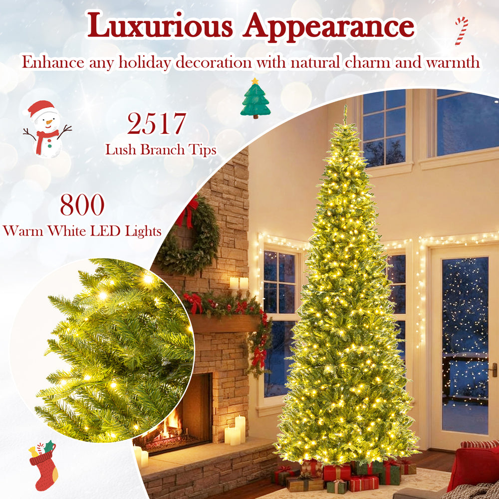 12-foot prelit artificial Christmas tree with 2517 branch tips and 800 warm LED lights, perfect for festive indoor.