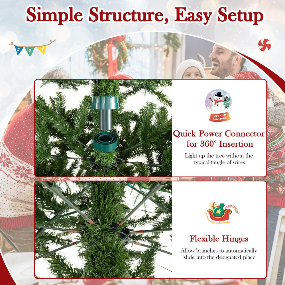 Close-up of the 12 ft prelit artificial Christmas tree's flexible hinges and quick power connector for easy setup.