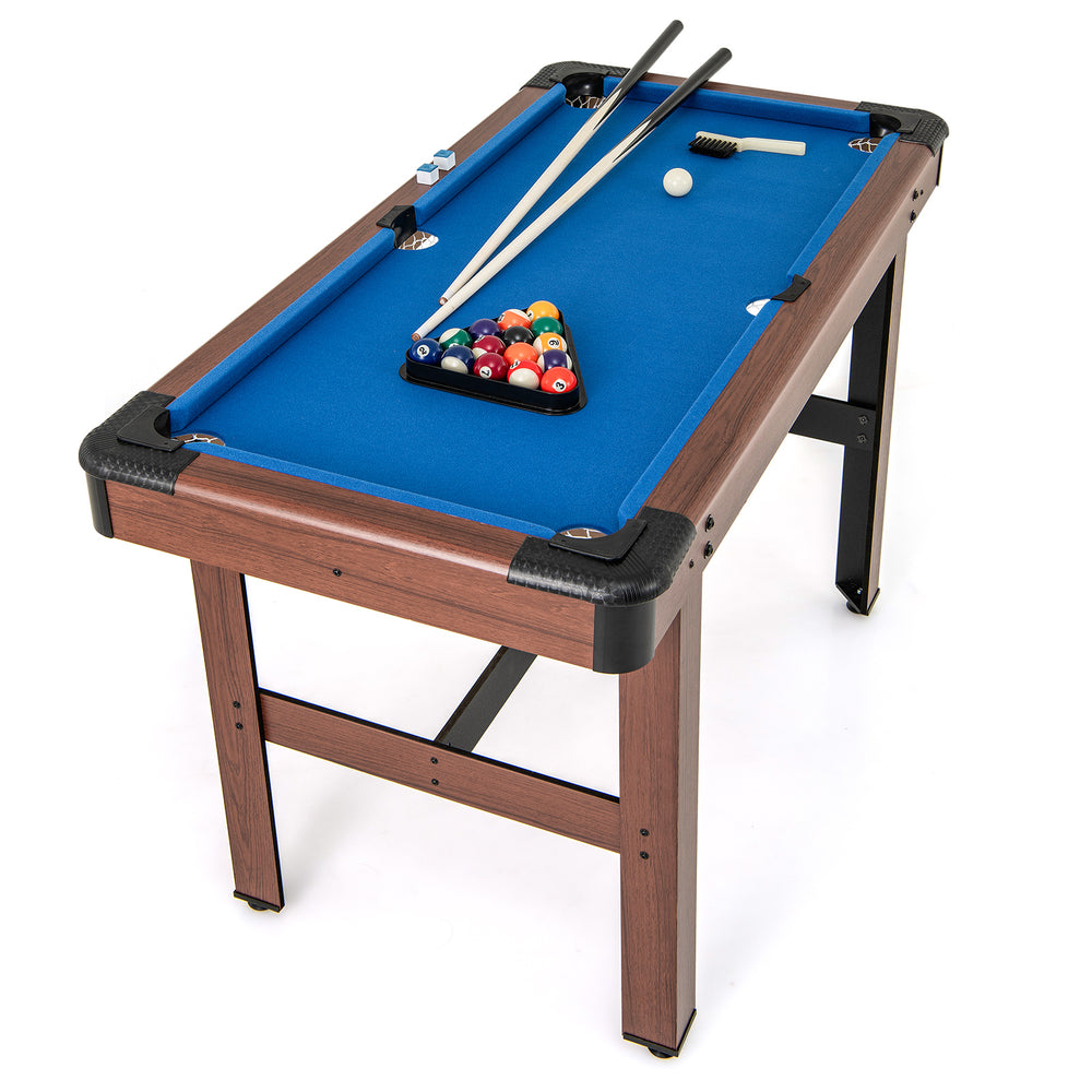 48-inch pool table with blue velvet surface, complete set of balls, and cue sticks, perfect for family game nights.