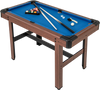 48-inch wooden pool table with blue velvet surface, full set of balls, and two cue sticks for family fun.