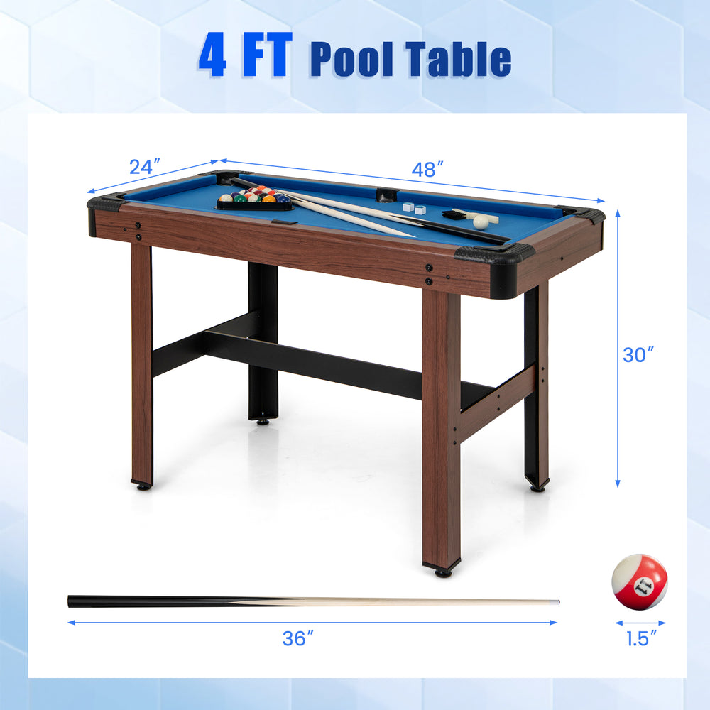 4 FT pool table with blue velvet surface, solid H-shaped frame, and full set of balls for family fun in small spaces.
