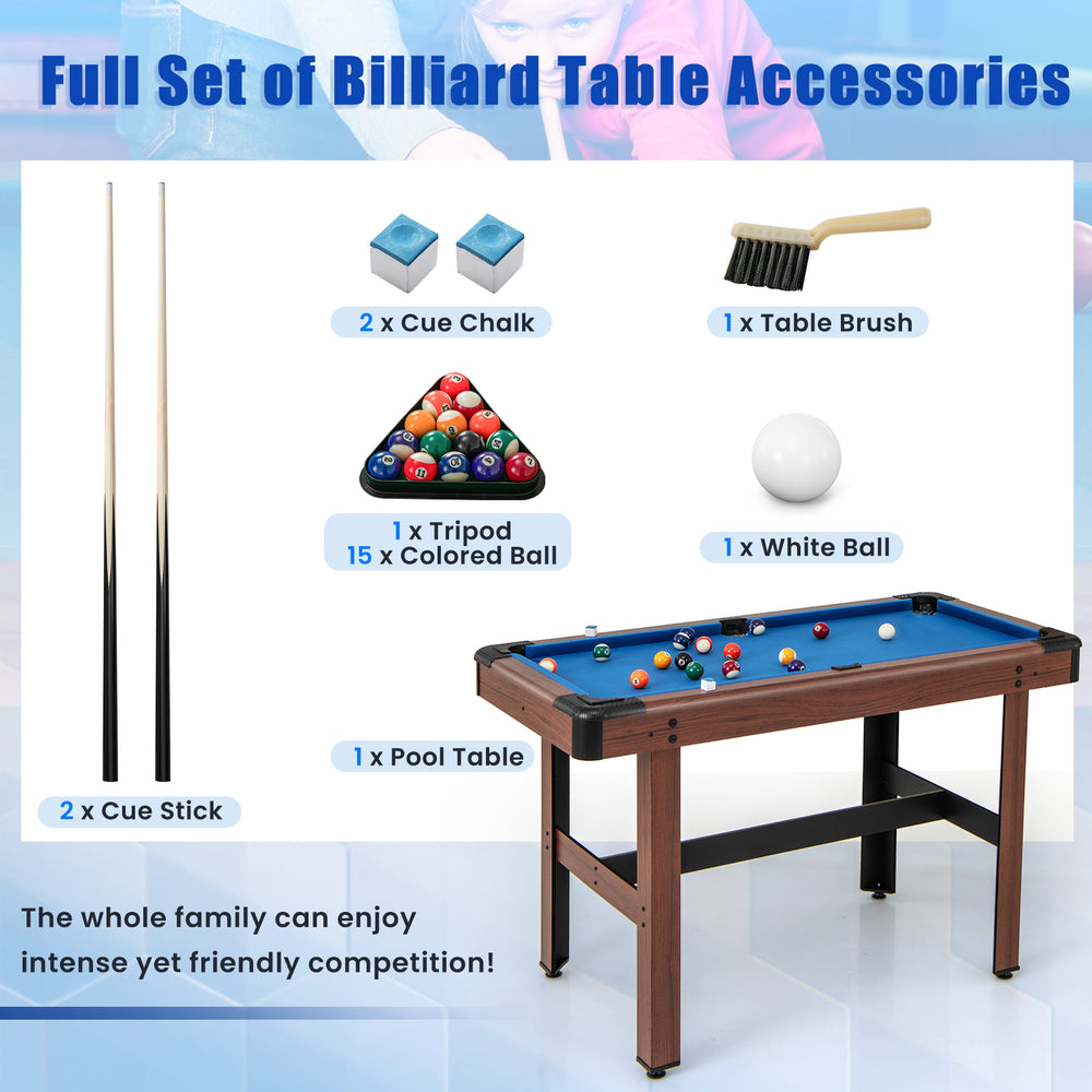 48-inch blue pool table with velvet surface, full set of balls, and accessories for family-friendly competition.