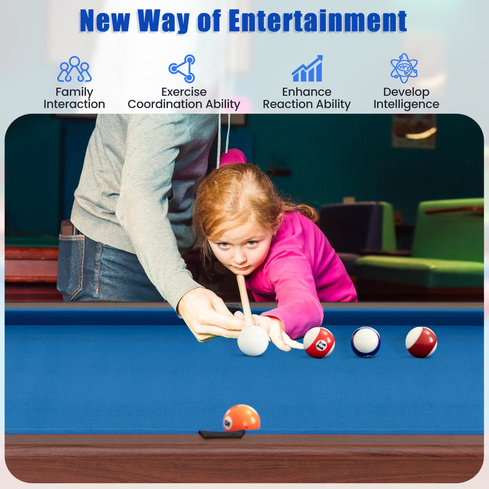 48-inch blue pool table with velvet surface, solid frame, and full set of balls for family fun and interaction.