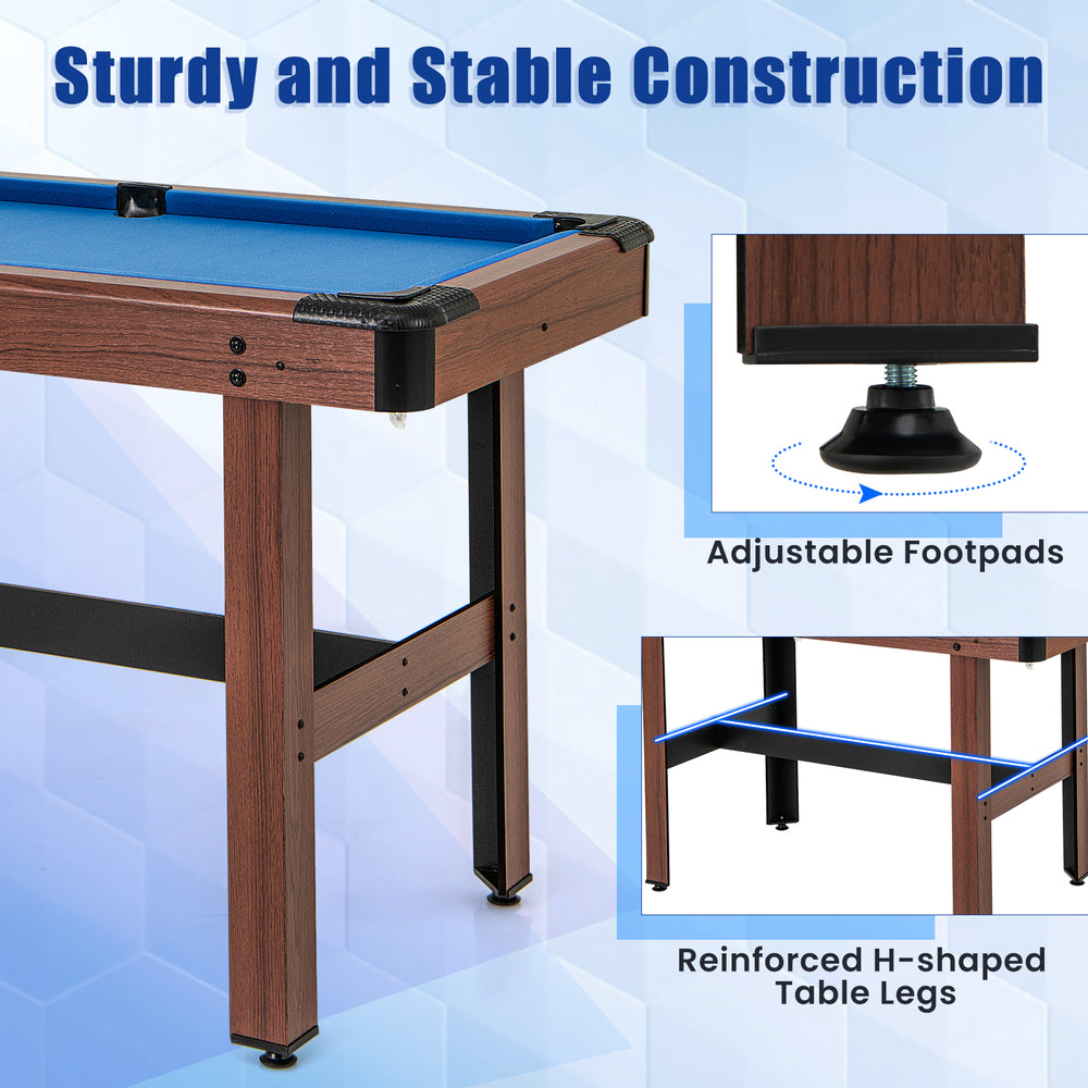 48-inch wooden pool game table with adjustable footpads and H-shaped legs for stability, perfect for family fun.