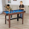 Kids playing on a 48-inch blue pool table with wooden frame, featuring a full set of balls and cue sticks for family.