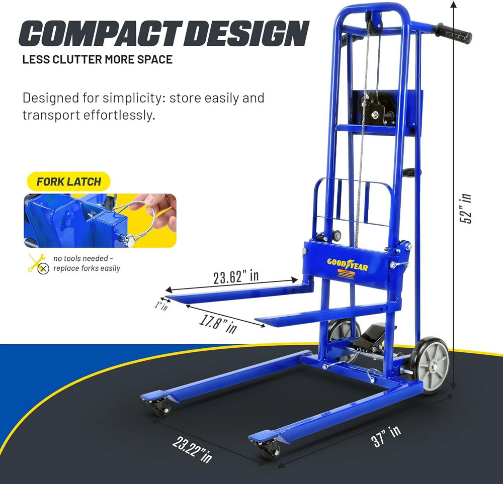 Goodyear GUO107 Manual Material Stacker Heavy Duty 330 lbs Maximum Capacity 40" Lift Height And 8" Wheels New