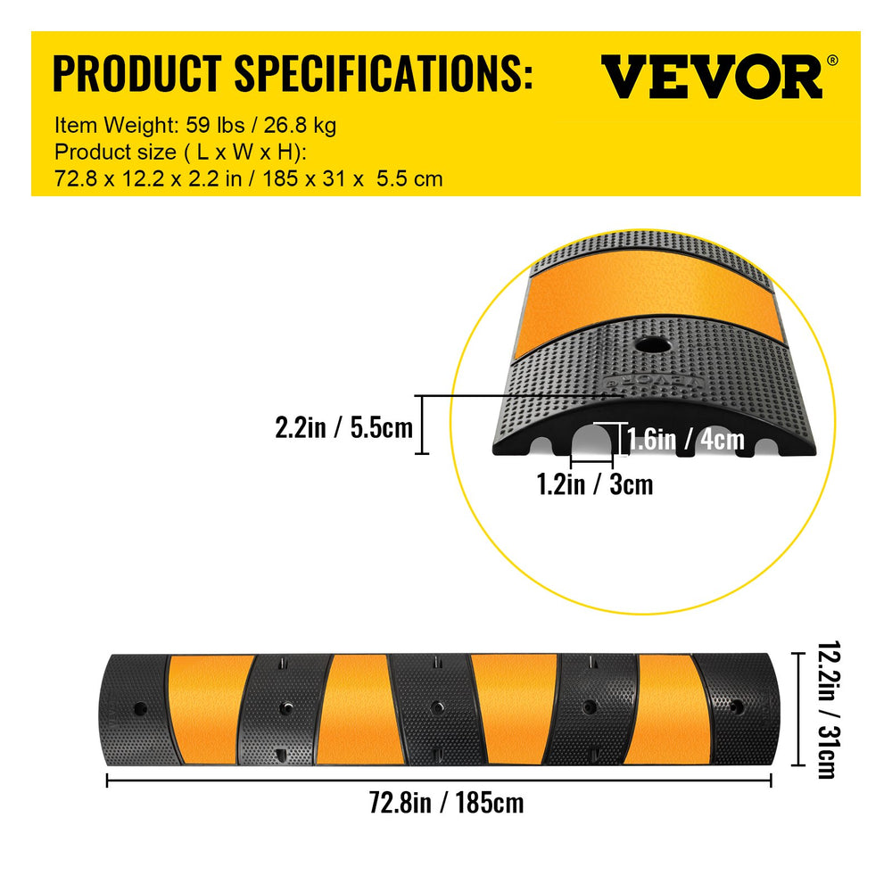 Vevor Rubber Speed Bump 72.8" x 12.2" x 2.2" Modular Ramp 22046 Lbs Capacity for Cable Protection 2 Pack New