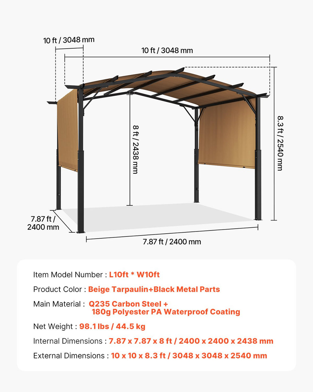 Vevor Outdoor Retractable Pergola 10' x 10' with Arched Top and Waterproof Canopy New