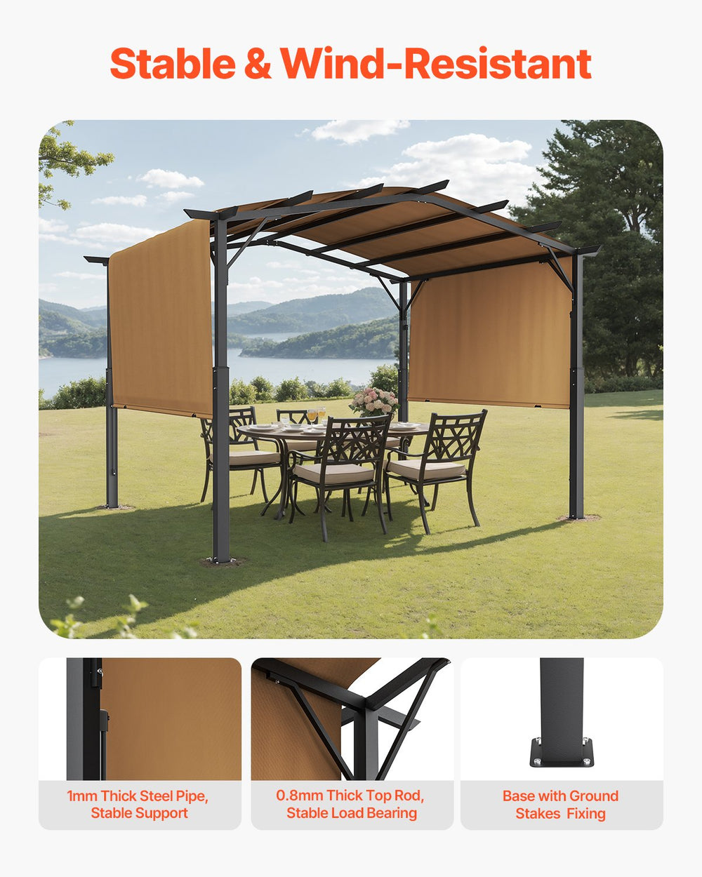 Vevor Outdoor Retractable Pergola 12' x 10' with Arched Top and Waterproof Canopy New