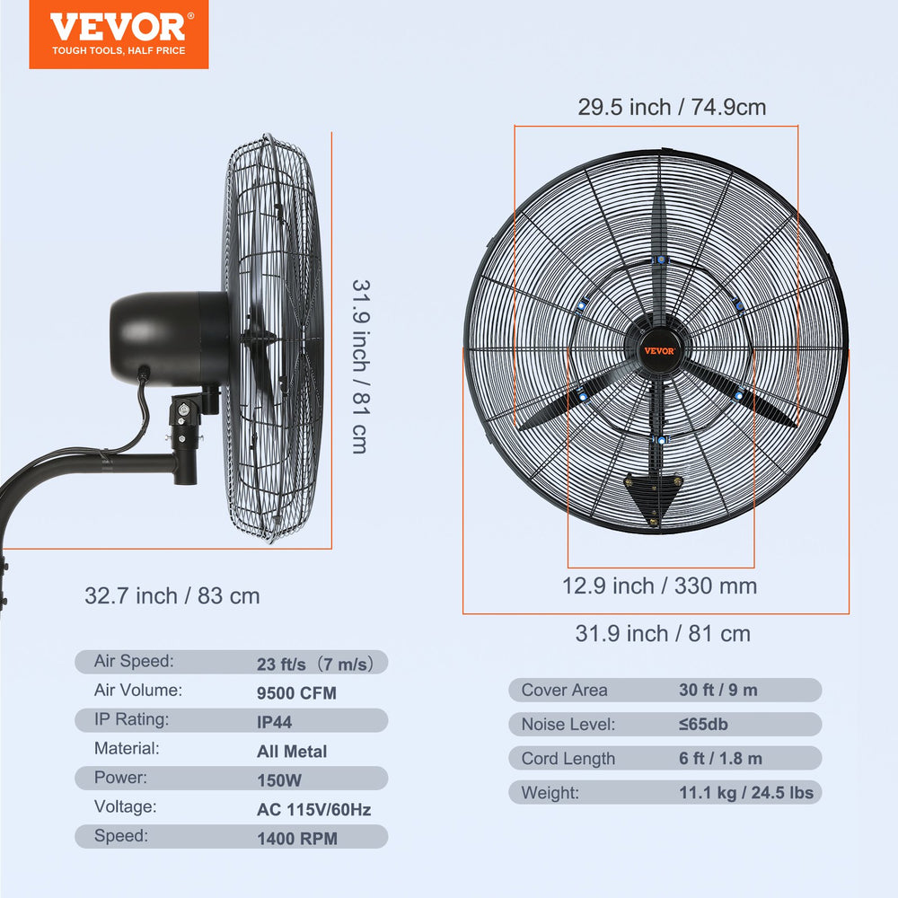 Vevor Wall-Mount Misting Fan 30" 3-Speed 9500 CFM Waterproof Oscillating Industrial Wall Fan New