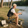 Folding camping stool in blue with 360° swivel, sturdy metal frame, and anti-sink feet, perfect for fishing trips.