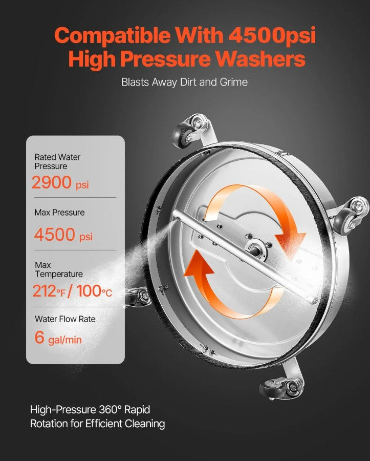 Vevor Pressure Washer Surface Cleaner 20" 4500 PSI Max 4 Wheels and Dual Handle New