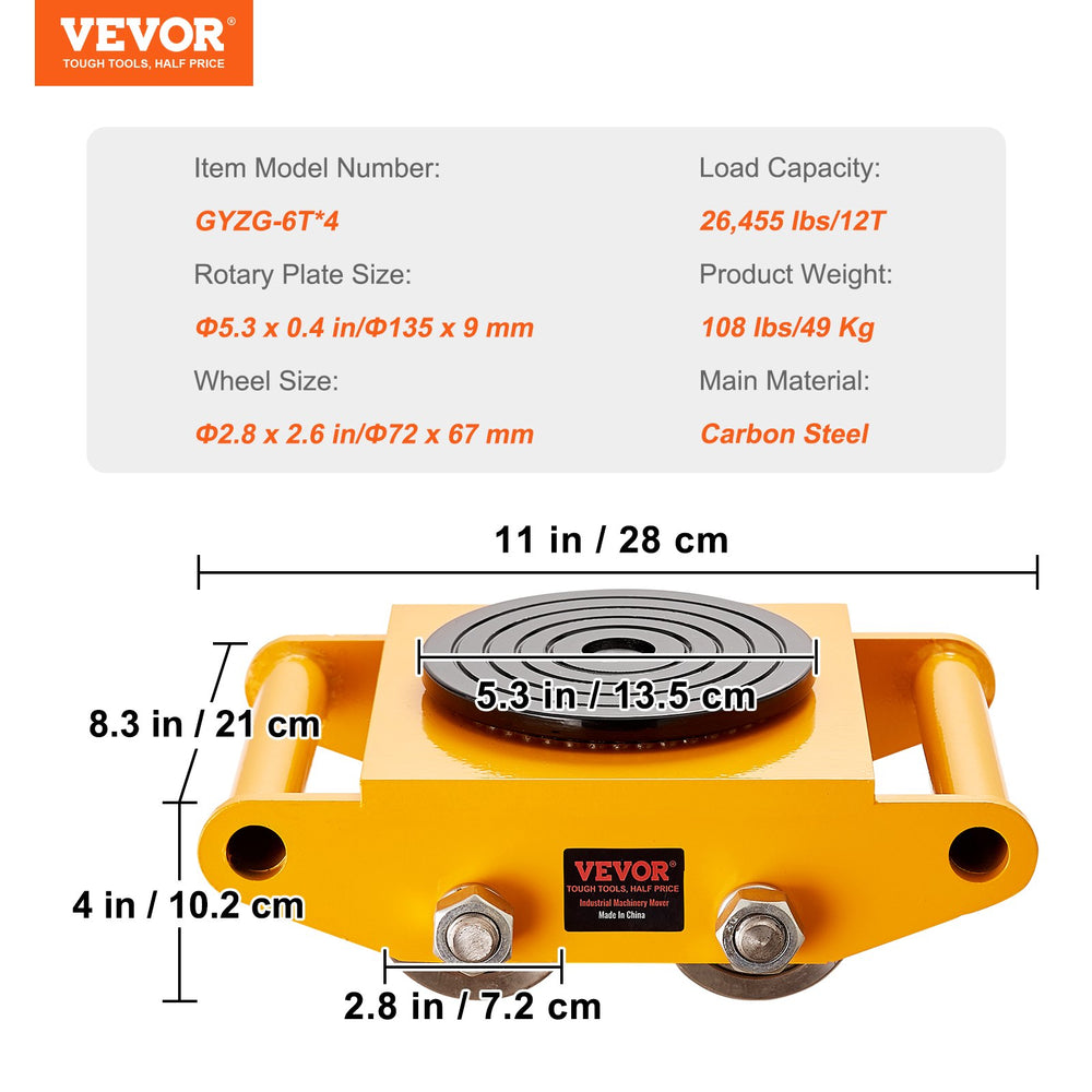 Vevor Machinery Skate Dolly 26,455 lbs. 12T Total Weight Capacity 360 Rotation Carbon Steel 4 Pack New