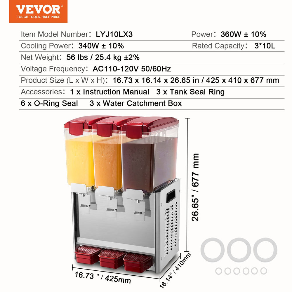 Vevor Beverage Dispenser 10.5 Qt 3 Tank Commercial Cold Juice Machine 360W Stainless Steel New