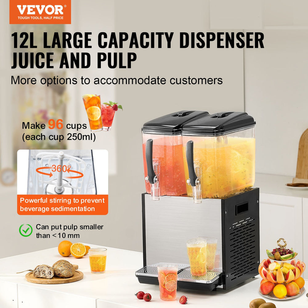 Vevor Beverage Dispenser 12.7 Qt 2 Tank Commercial Stainless Steel Cold Juice Dispenser 265W Wide Spout New