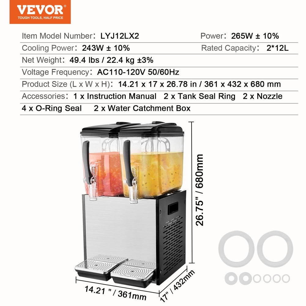 Vevor Beverage Dispenser 12.7 Qt 2 Tank Commercial Stainless Steel Cold Juice Dispenser 265W Wide Spout New