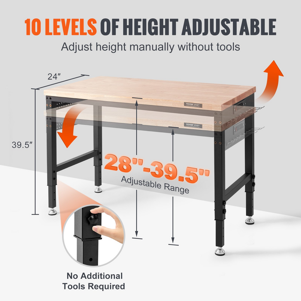 Vevor 48" x 24" Workbench 2000 lbs Load Capacity And 28" to 39.5" Adjustable Height Range Oak Top Steel Frame New