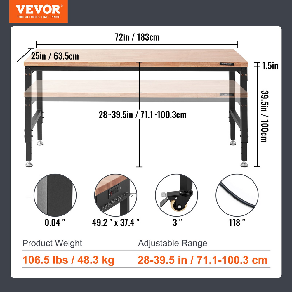 Vevor 72" x 25" Workbench 3000 lbs Load Capacity And 28" to 39.5" Adjustable Height Range Oak Top Steel Frame New