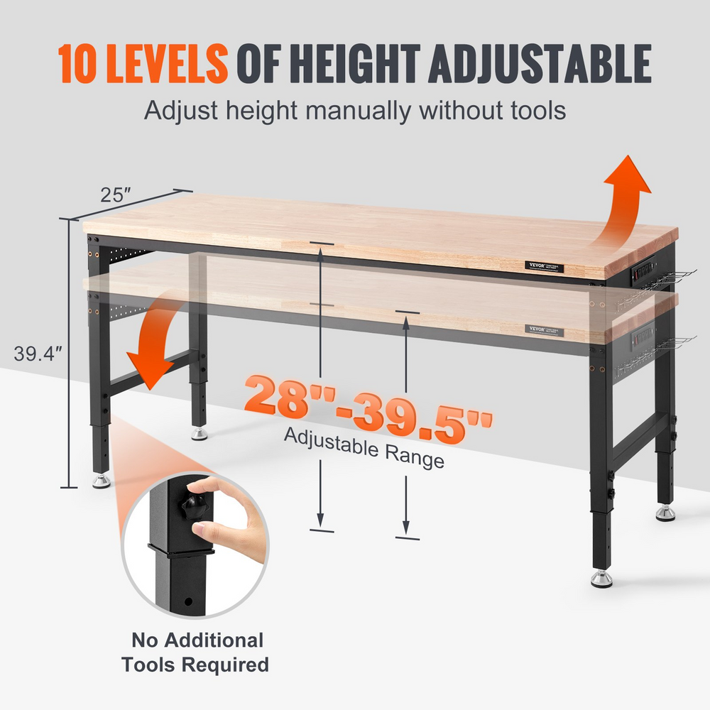 Vevor 72" x 25" Workbench 3000 lbs Load Capacity And 28" to 39.5" Adjustable Height Range Oak Top Steel Frame New