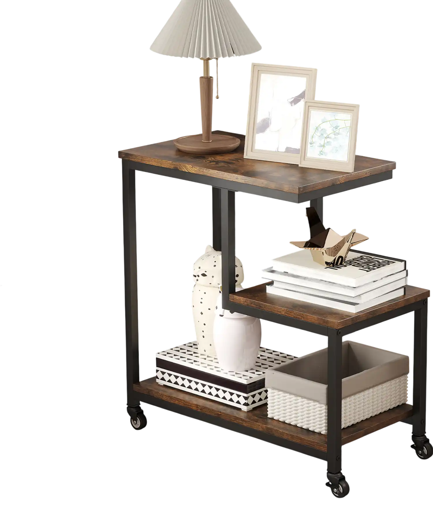 Costway 3-Tier G-Shaped Mobile Side End Table Open Shelves Rustic Brown 819235746 New