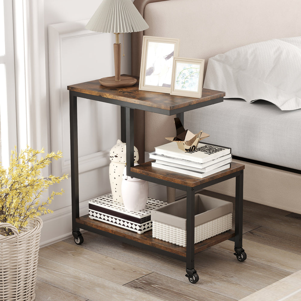 G-shaped Side Table 3-Tier Mobile End Table with Open Shelves-Rustic Brown - Gallery View 1 of 9
