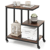 G-shaped 3-tier mobile end table in rustic brown with open shelves, perfect for living room or office use.