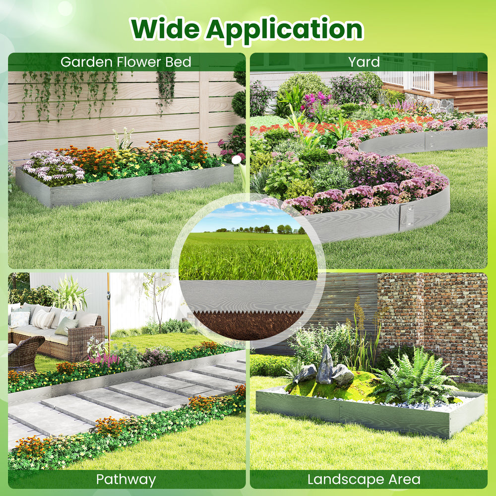 Galvanized metal landscape edging panels arranged in various garden shapes, ideal for creating neat borders and flower.