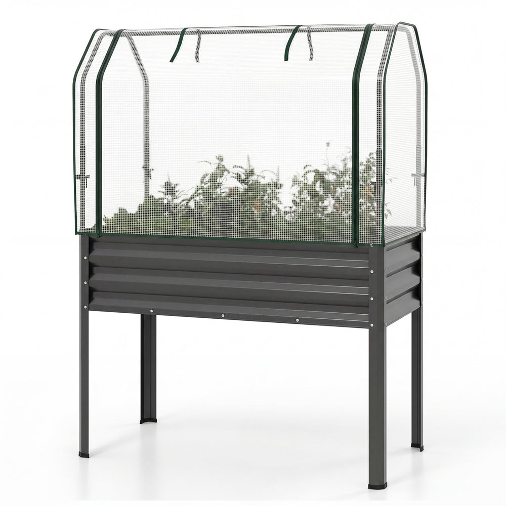 Galvanized raised garden bed with legs and greenhouse cover, perfect for growing vegetables and flowers in any season.
