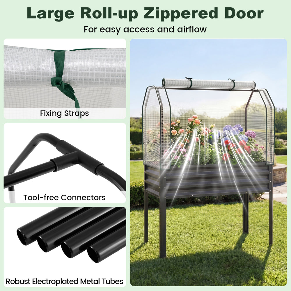 Galvanized raised garden bed with greenhouse cover, featuring a large roll-up zippered door for easy access and airflow.
