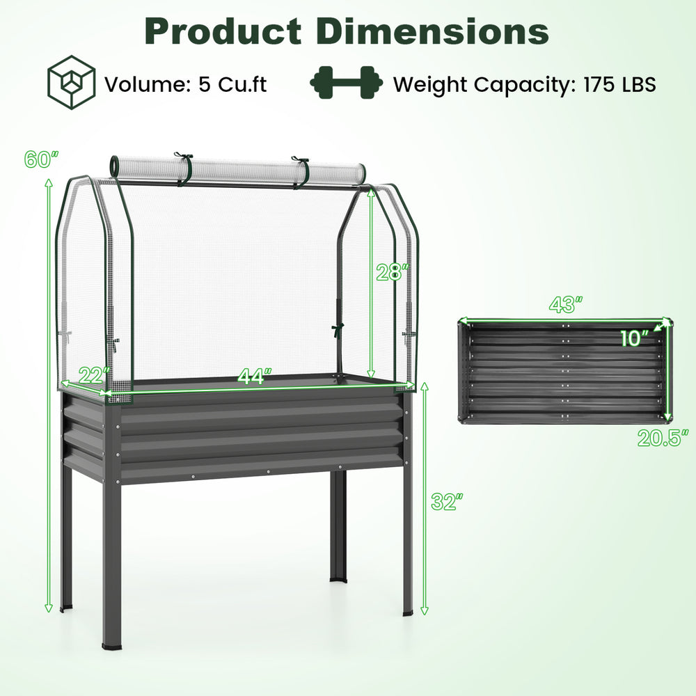 Galvanized raised garden bed with legs, greenhouse cover, 5 cu.ft volume, 32" height for comfortable gardening.