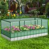 Galvanized raised garden bed with green greenhouse cover, featuring flowers, UV protection, and weather-resistant.