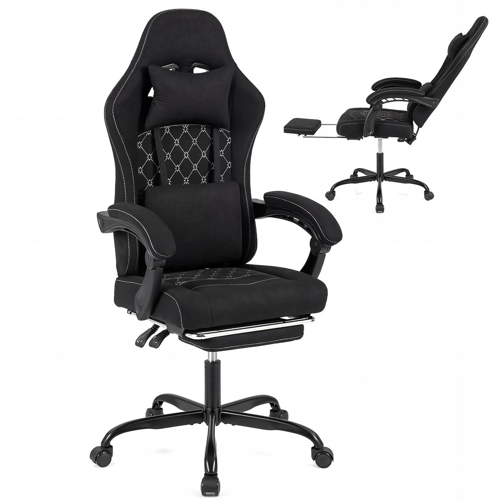Gaming chair in black with adjustable height, headrest, and retractable footrest for ergonomic support during gaming.