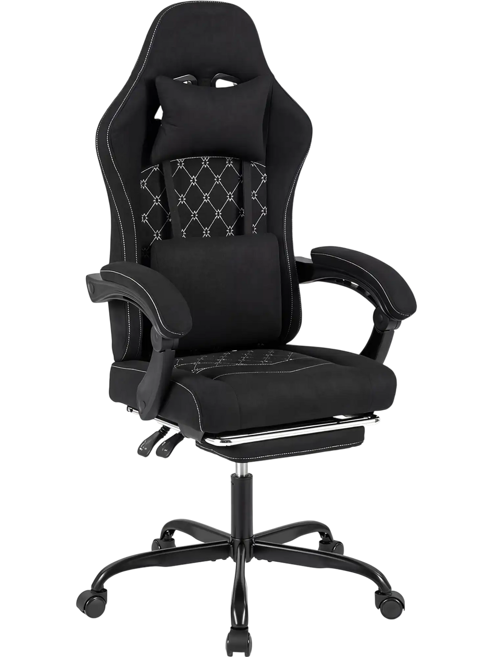 Height adjustable gaming chair in black with ergonomic design, headrest, and lumbar support for optimal comfort.