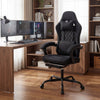 Height adjustable black gaming chair with headrest, ergonomic design, and retractable footrest for optimal comfort.