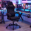 Gaming chair in black featuring a reclining backrest, padded armrests, and retractable footrest for versatile comfort.