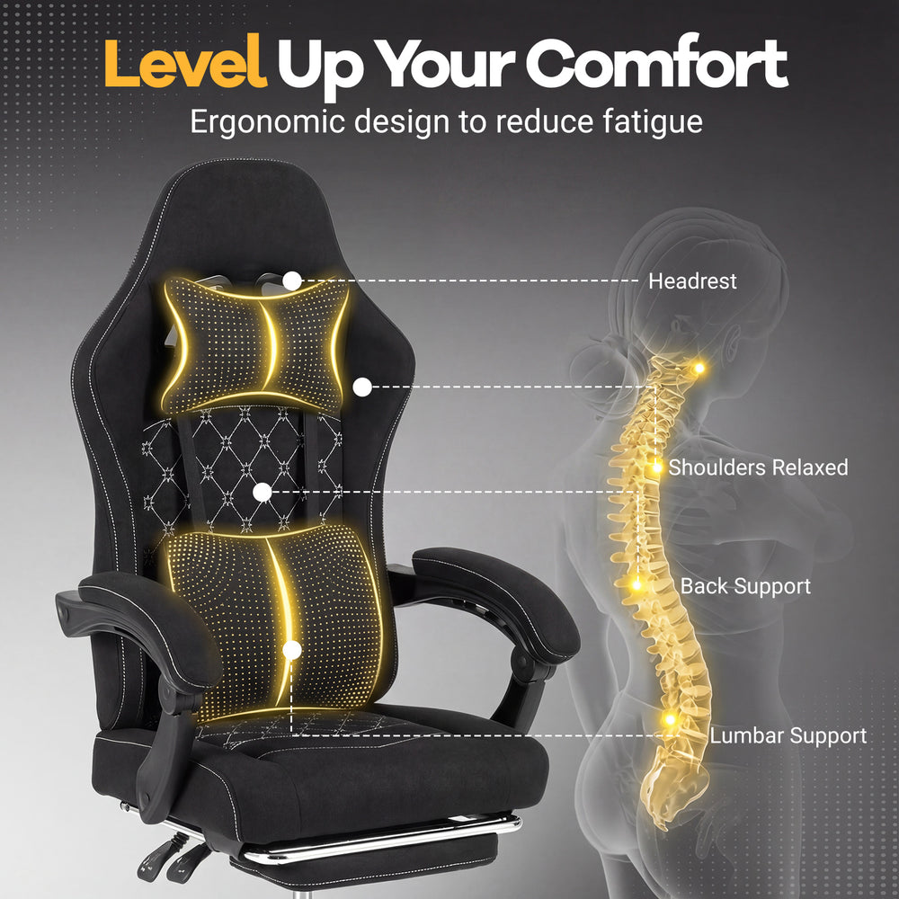 Gaming chair with ergonomic design, headrest, and lumbar support for optimal comfort during long gaming sessions.