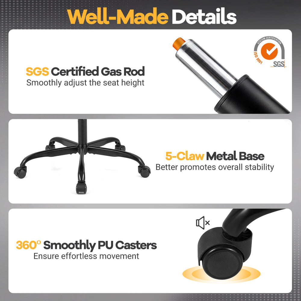 SGS certified gas rod for height adjustment, 5-claw metal base for stability, and 360° PU casters for easy movement.