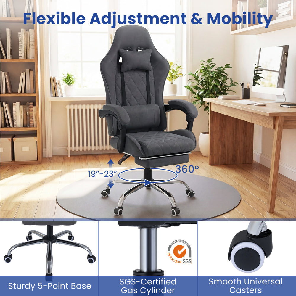 Gaming chair with adjustable height, headrest, and lumbar support for ergonomic comfort during long gaming sessions.