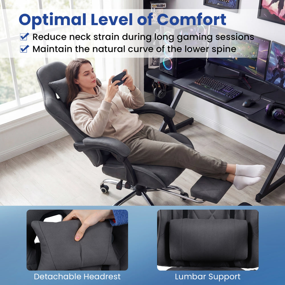Gaming chair with adjustable headrest and lumbar support, featuring a reclining backrest and retractable footrest for.